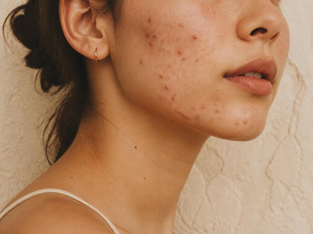 Bochecha e mandíbula com acne inflamada e vermelhidão na semana 1