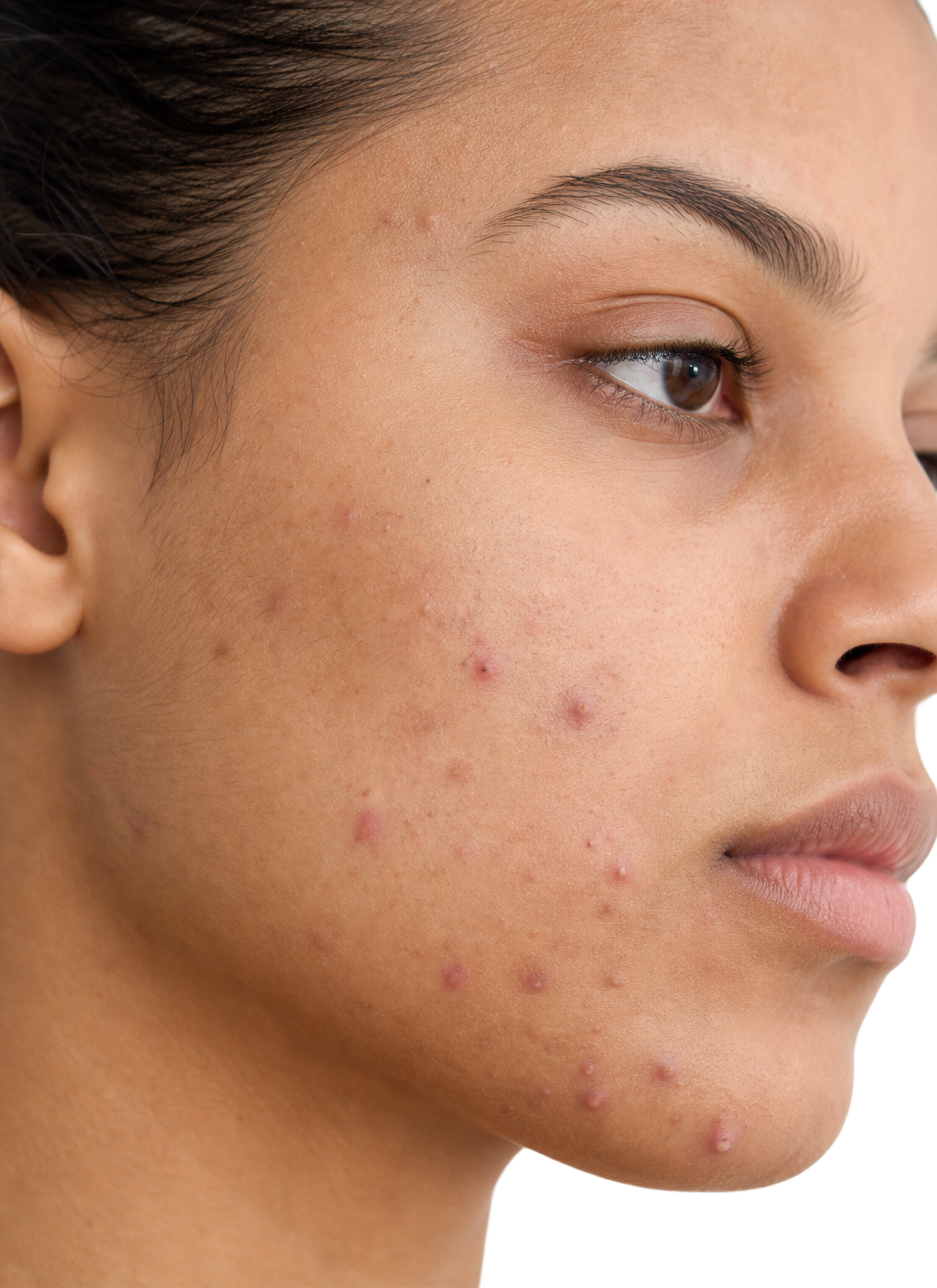Metade do rosto de uma mulher com acne inflamada na bochecha e na linha da mandíbula