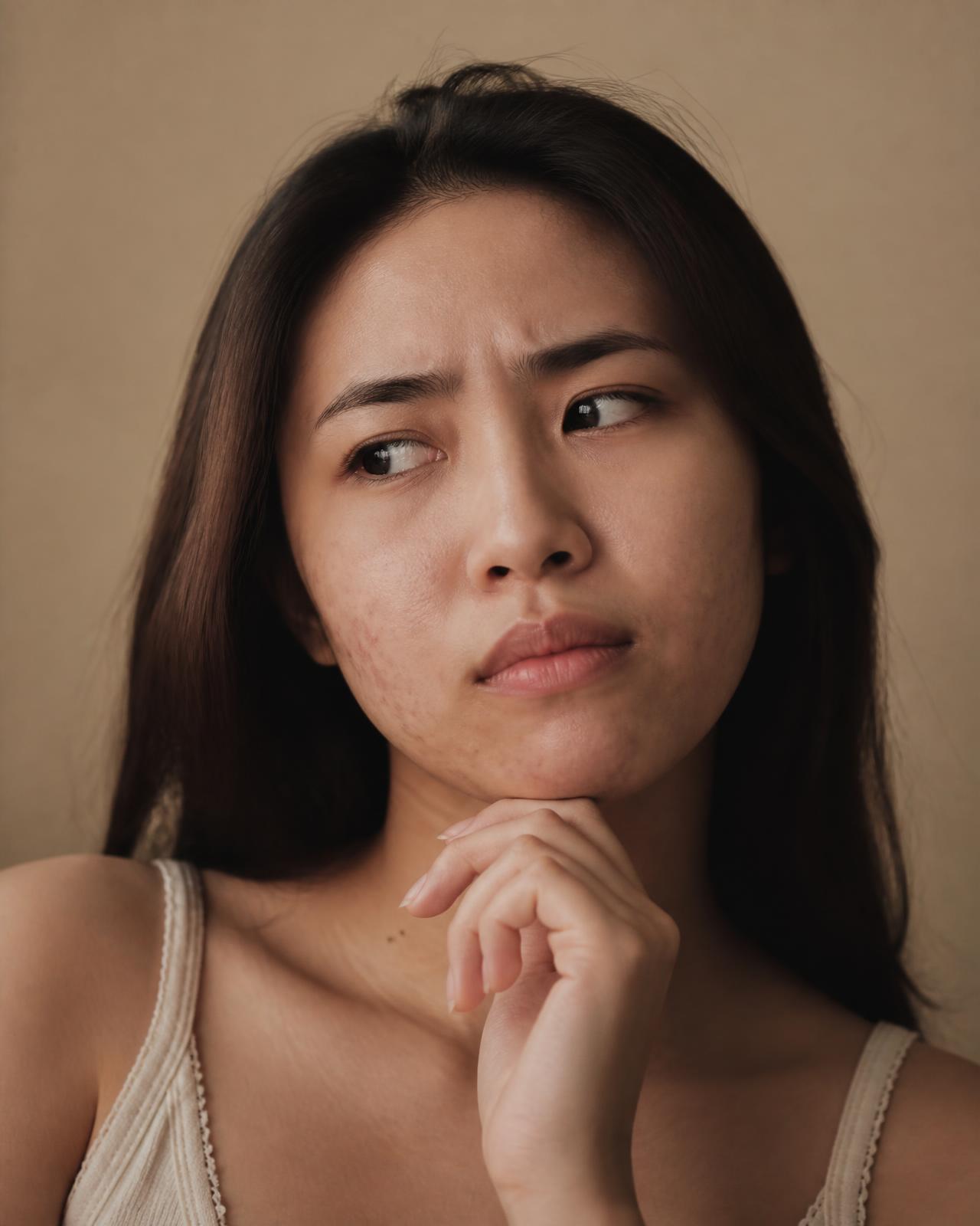 Mulher com expressão de dúvida sobre qual produto usar na acne