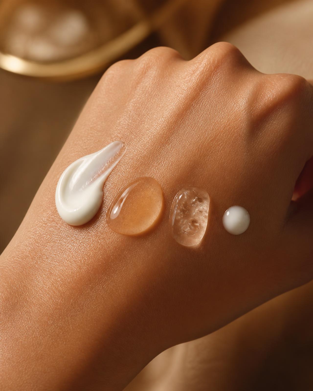 Mão com quatro texturas de skincare: creme branco, sérum âmbar, gel transparente e loção